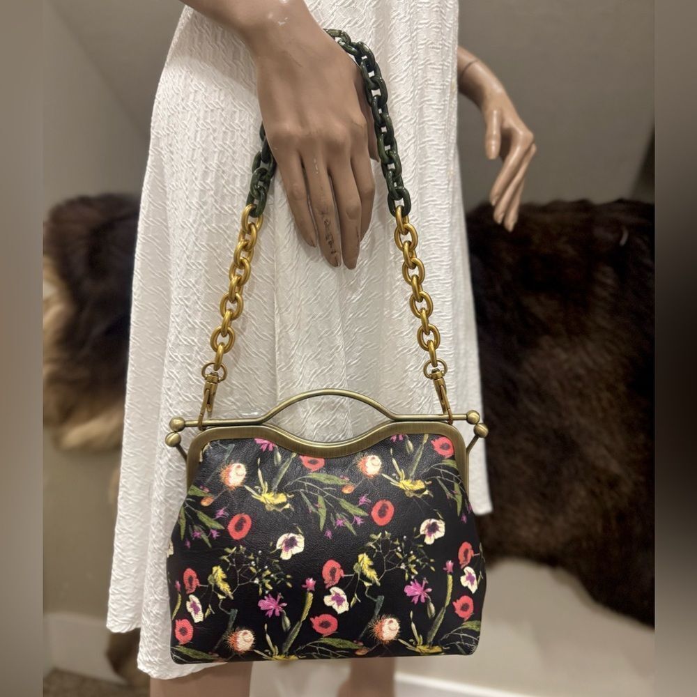 Floral Print Genuine Leather Handmade Double Kisslock Frame & Top Handle Bag